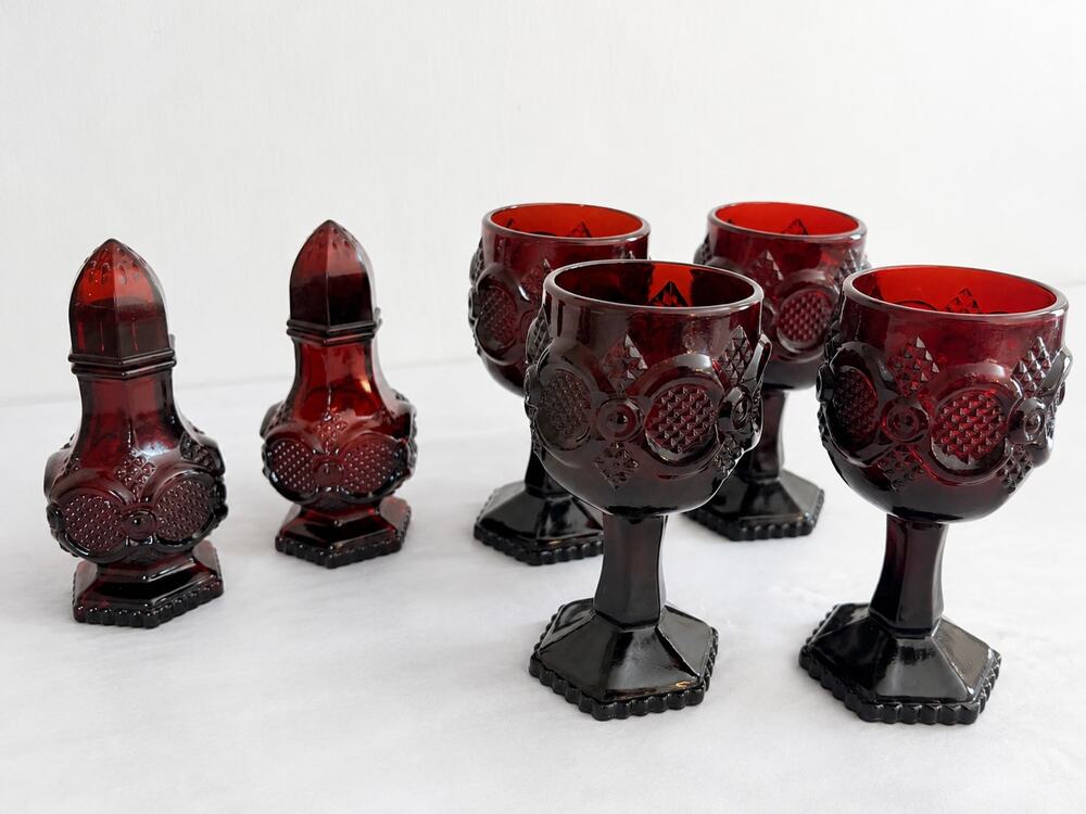 Vintage Avon Cape Cod Ruby Red Glass Goblet Set 4 Salt Pepper Shakers